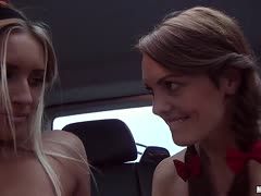 Lesbians satisfy each other orally in the car